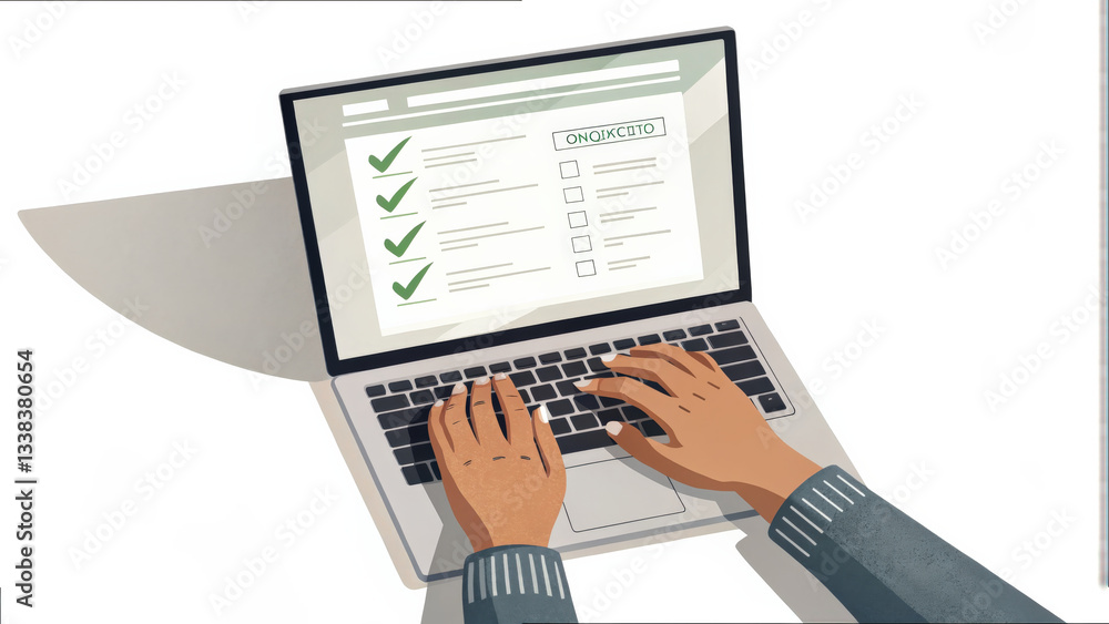 Poster Hands typing on laptop with digital checklist on screen, featuring green checkmarks and empty boxes, suggesting online task management or form completion