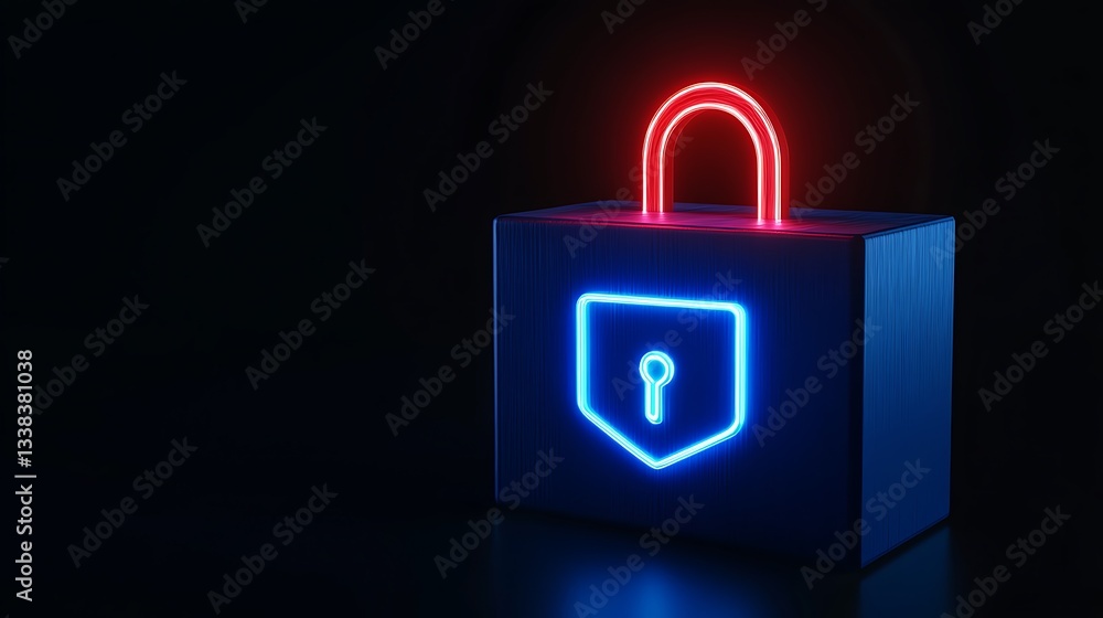 Poster neon lock symbol in dark background signifying security and protection in digital world