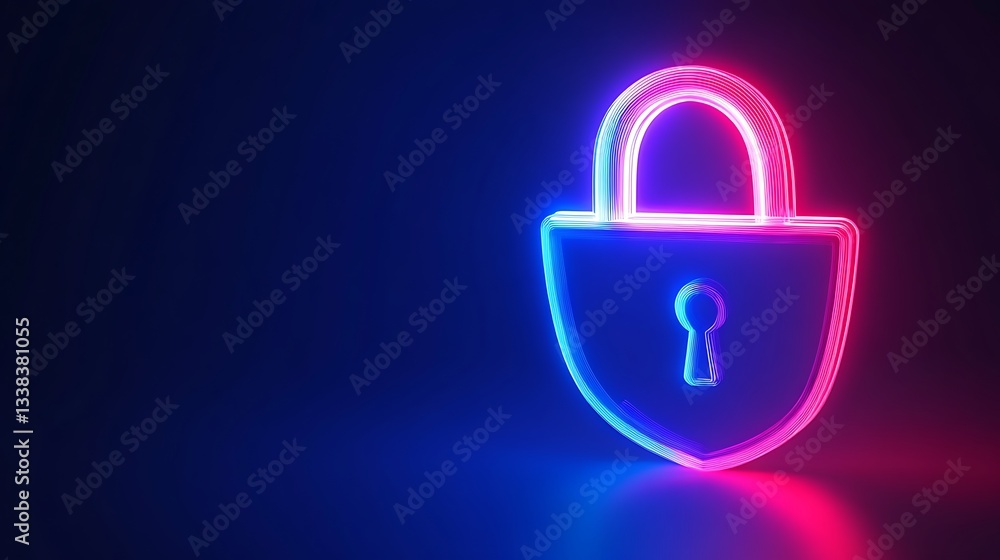 Poster neon lock symbol illustrating security and privacy concept on a dark background with colorful glow e