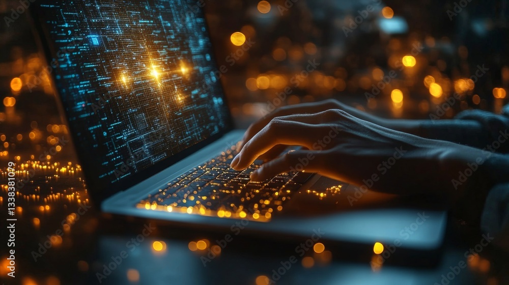 Fototapete A person interacts with a laptop displaying vibrant visuals representing quantum computing concepts like superposition and entanglement.