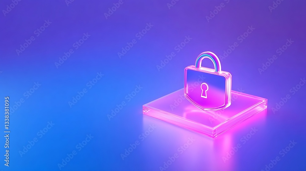 Poster neon lock symbol on a smooth surface with a gradient blue and purple background for security concept