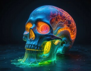 Glowing Neon Skull Art Abstract 3D Render of a Colorful Luminous Human Skull
