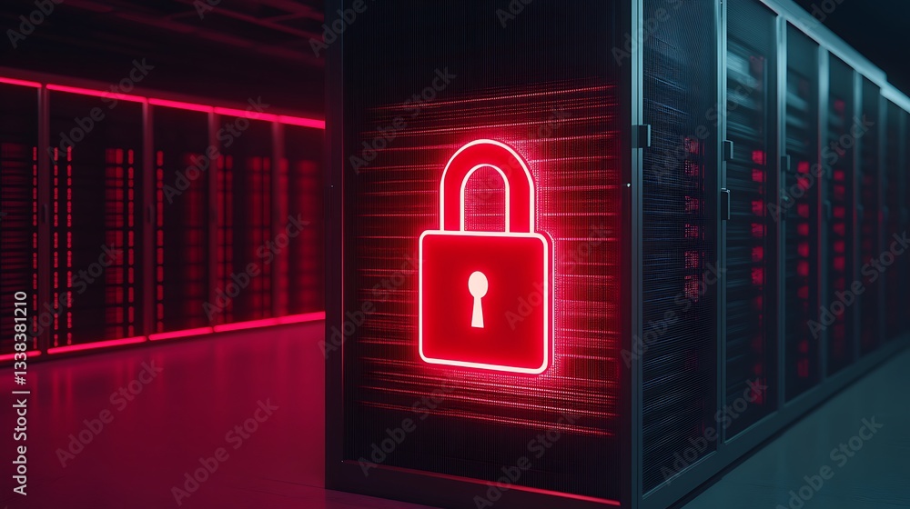 Poster neon lock symbol on data center background with server racks and security concept in modern technolo