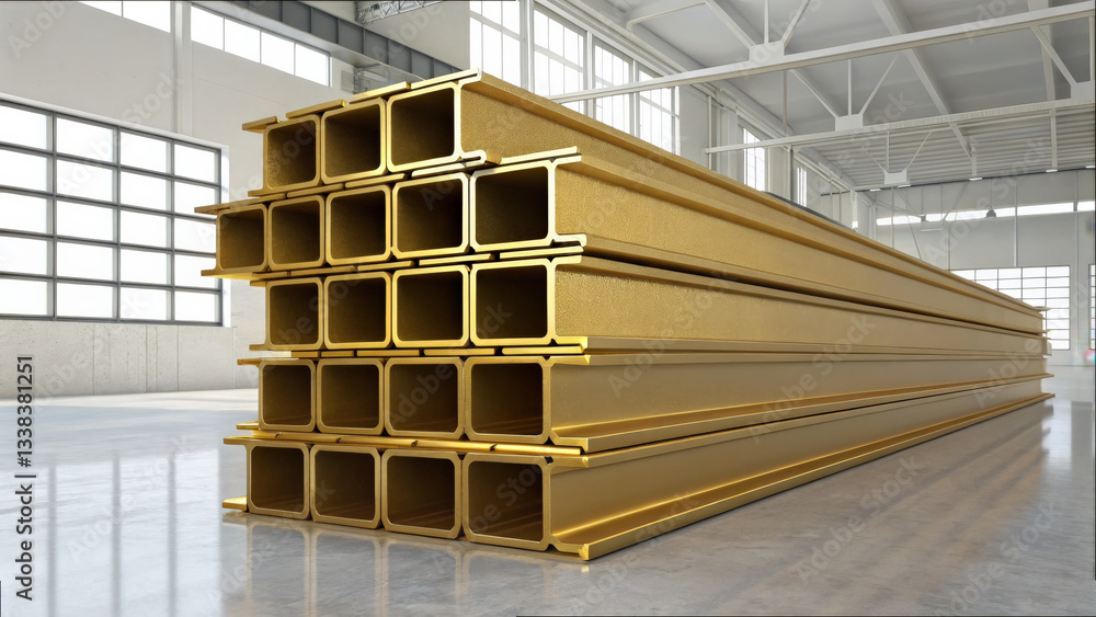 Poster stack of golden steel i beams is neatly arranged in clean, spacious industrial studio with large win