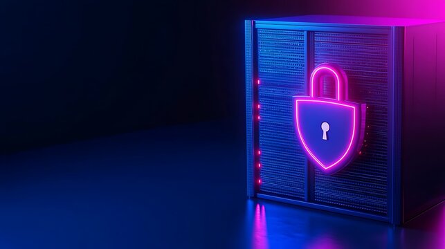 Neon Lock Symbol on Dark Background with Secure Server Concept for Cybersecurity and Data Protection