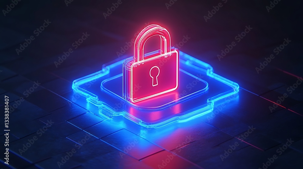 Aufkleber neon lock symbol on digital background representing security and data protection in cyber technology