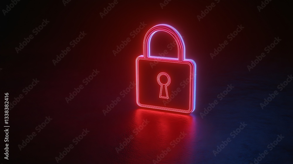 Poster neon padlock with keyhole design illuminated against dark background for security concept or digital