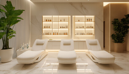 Modern Manicure Salon Interior with White Reclining Chairs and Minimalist Decor. Concept of Luxury Beauty, Relaxation, Professional Spa Services, and Contemporary Style