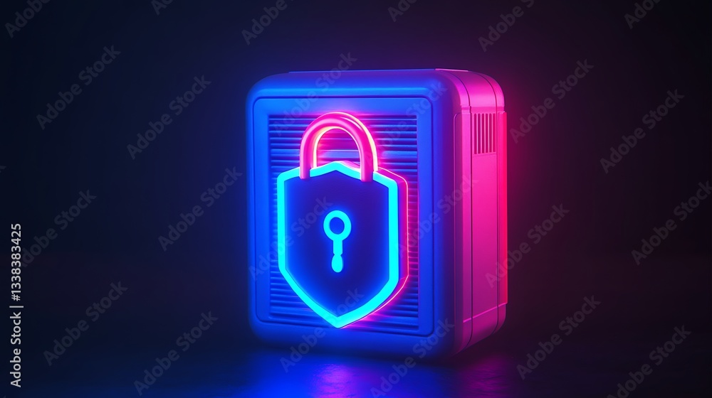 Poster neon secure lock concept with shield icon in futuristic style on dark background for digital securit