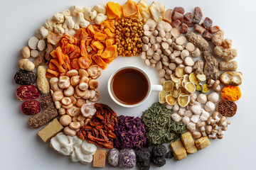 herbal medicine and traditional herbs arranged in the shape of an octagon,