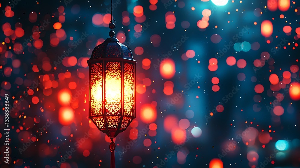Poster ornate hanging lantern with warm light and bokeh background