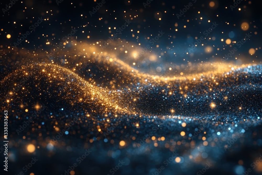 Poster golden and blue sparkling waves create a mesmerizing visual effect in a dark environment at night