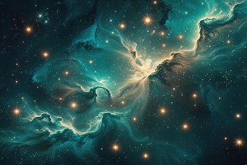 Enchanting Deep Teal Nebula with Radiant Stardust and Shimmering Star Clusters in a Cosmic Landscape