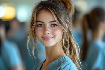 Fototapeta premium Young woman in scrubs smiles warmly in a bright healthcare environment surrounded by peers