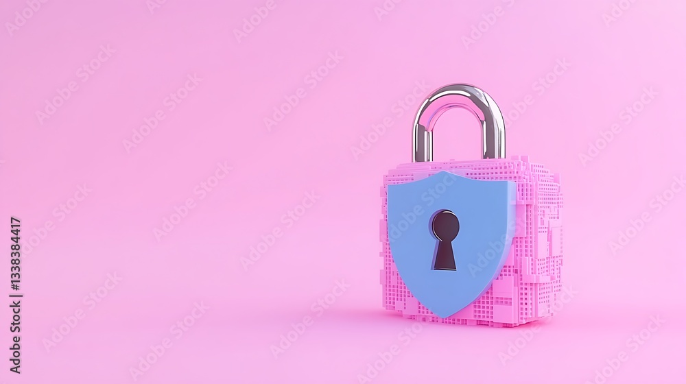 Poster pink digital lock with shield symbol on a soft pink background for security and protection concepts