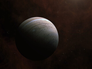 Planet Jupiter and nebula on a starry background. Jupiter gas giant in the Solar system.