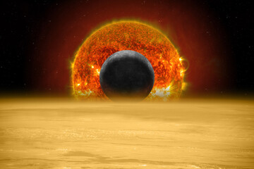 Venus, Mercury and Sun in space. Planetary alignment. View of planet Mercury and Sun through the atmosphere of planet Venus from space. High resolution image.