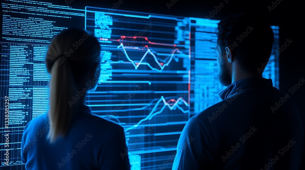 Poster professionals analyzing data on large screen with blue and red graphs in modern office environment