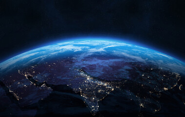 Nightly Earth planet in outer space. Asia. Night on planet with cities lights. Middle East,...