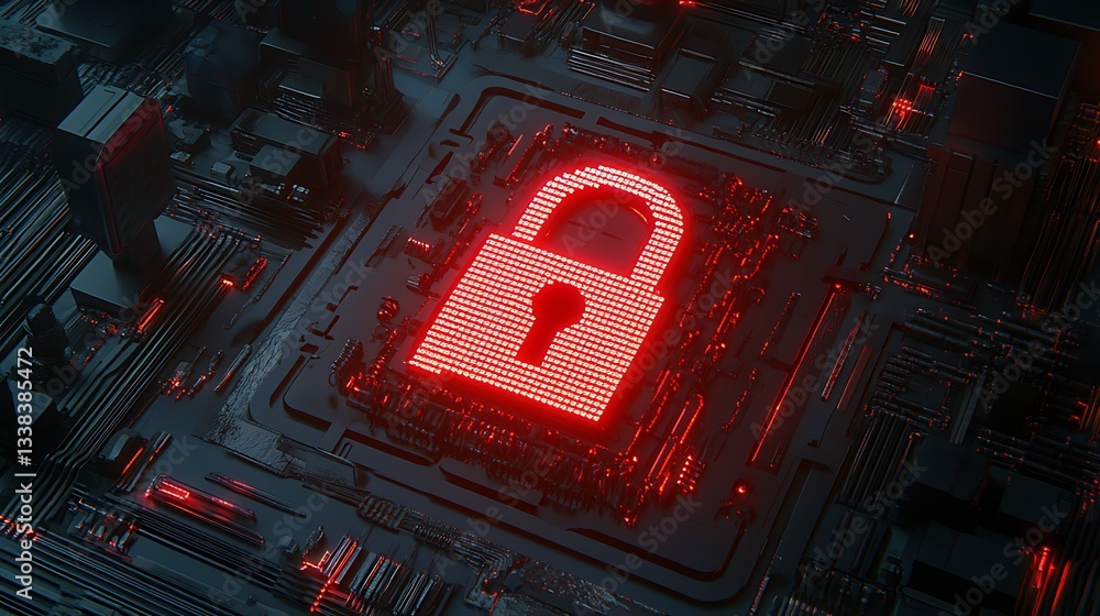 Poster red digital lock symbol on a circuit board background highlighting security in modern technology