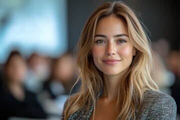 Fototapeta premium Young woman smiling warmly in a professional setting during a business event or conference