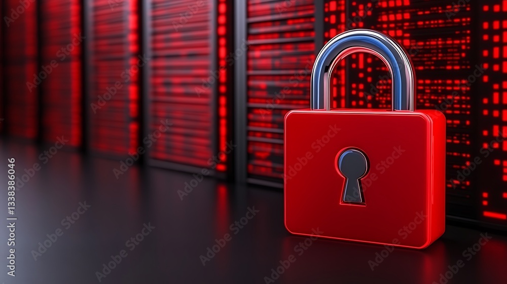 Poster red padlock in foreground with blurred server background showcasing digital security and data protec
