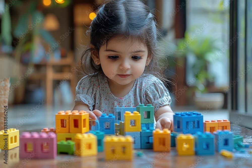 Poster child playfully builds with colorful building blocks indoors in a cozy environment