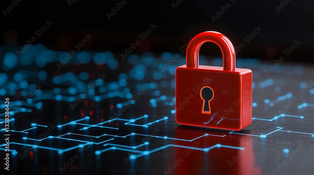 Poster red padlock on dark surface with glowing blue circuit lines representing digital security and data p