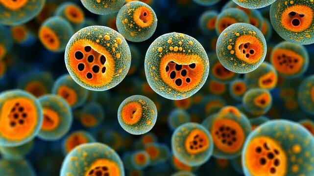 Microscopic view of colorful cells displaying intricate structures and patterns in a lab environment