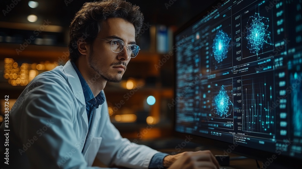 Poster A scientist in a lab coat analyzes quantum data on a computer screen. The interface displays visualizations related to qubits, superposition, and entanglement phenomena.