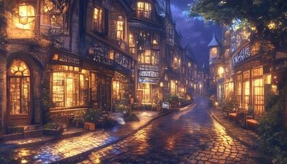 A cobblestone street lit with golden lights at night time