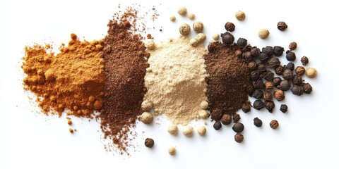 Spice Symphony: An assortment of aromatic spices and seasonings, artistically arranged in vibrant heaps. Capturing the essence of global cuisine and culinary exploration.