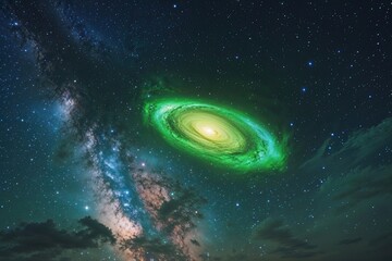 Obraz premium Luminous Green Galaxy in a Starry Night Sky Featuring Celestial Nebula