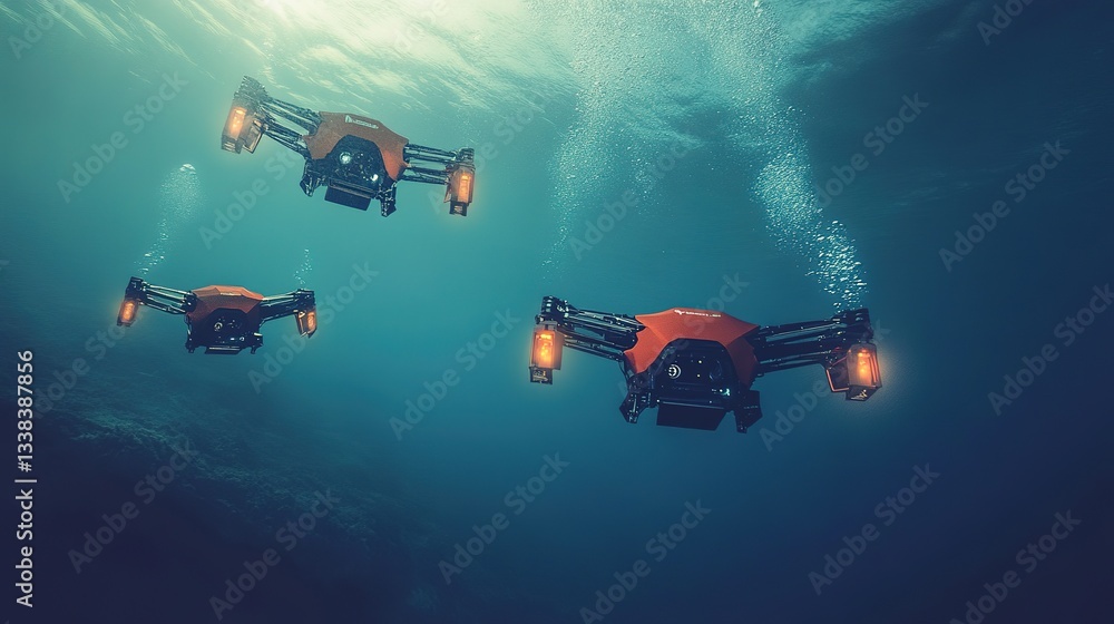 Poster autonomous underwater drones performing precision engineering tasks.