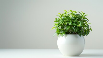 A small potted plant sits in a white vase on a white table