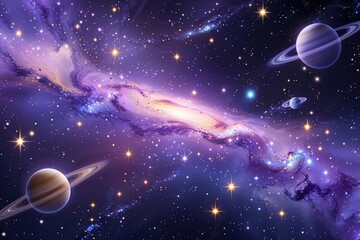 Naklejka premium Radiant Starberry Galaxy with Twilight Lavender Serenity Bright Star Drizzles and Cosmic Planets on a Dreamy Canvas