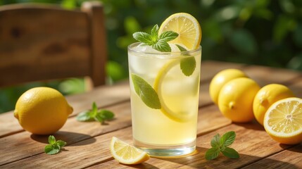 Fototapeta premium Refreshing Glass of Homemade Lemonade with Ice Cubes and Mint