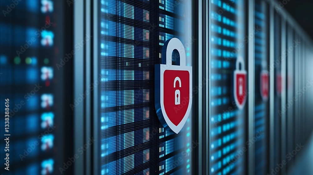 Poster secure data center with digital lock symbol representing cybersecurity and protection of information