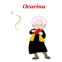 シニアが楽しそうにオカリナを吹いているイラスト
