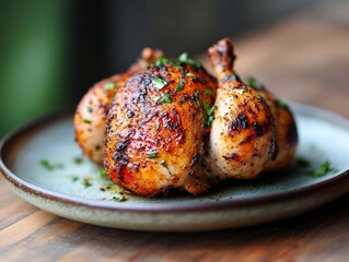 Grilled roasted whole chicken on a plate

