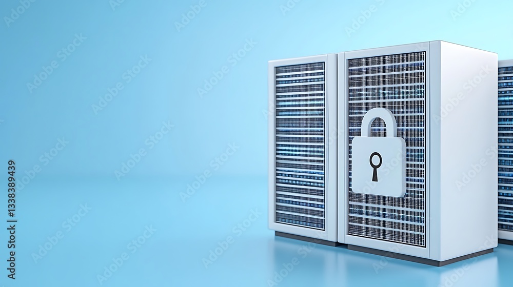 Poster secure data center with server racks and padlock symbol on blue background for cybersecurity concept