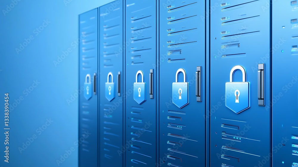 Poster secure data storage concept with blue server cabinets and lock symbols for cyber protection and priv