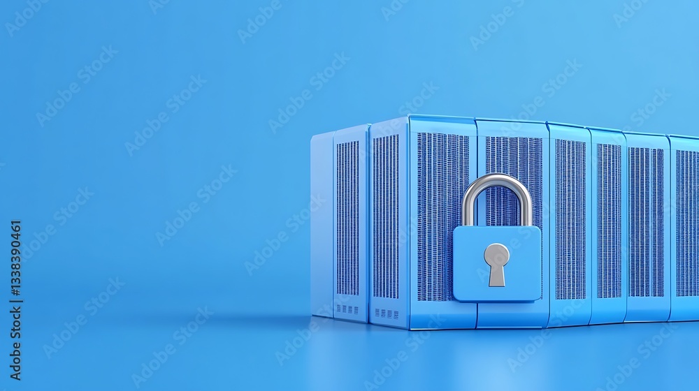 Poster secure data storage concept with blue server rack and padlock on bright background
