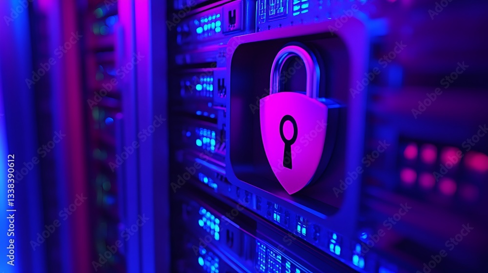 Poster secure data storage concept with digital lock symbol on server background in neon lighting