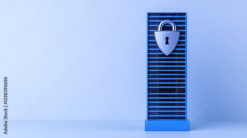 Poster secure data storage concept with lock and server in blue background for cybersecurity and privacy th