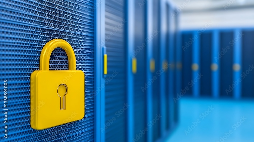 Poster secure data storage concept with yellow lock and server rack for cybersecurity and data protection t