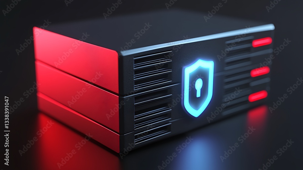 Poster secure data storage device with lock symbol and red lights on black background for cybersecurity con