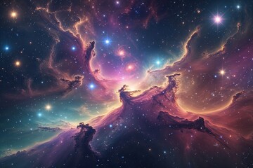 Vibrant Nebula Landscape with Shimmering Stars and Distant Galaxies in a Dreamy Astral View