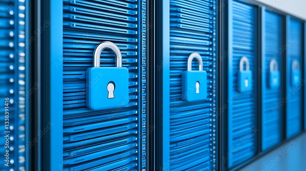 Poster secure data storage systems with closed locks on blue server racks in a modern server room environme