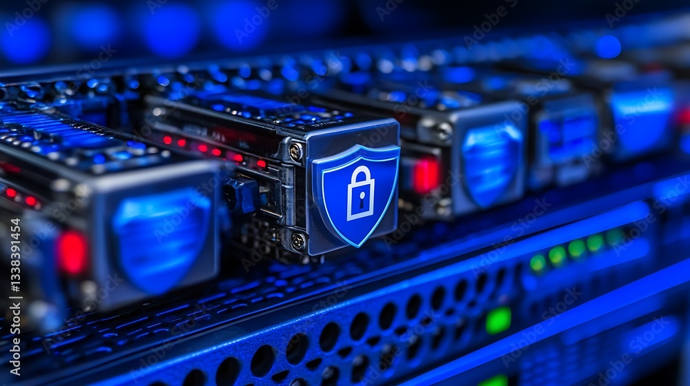Poster secure data storage technology with lock icon in a server rack surrounded by blue lights